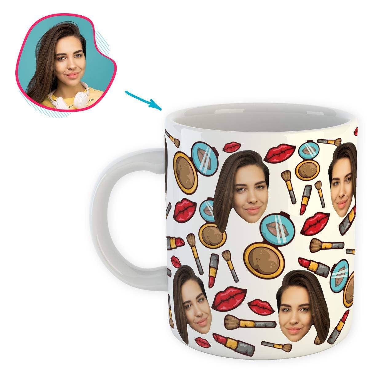 White Makeup personalized mug with photo of face printed on it
