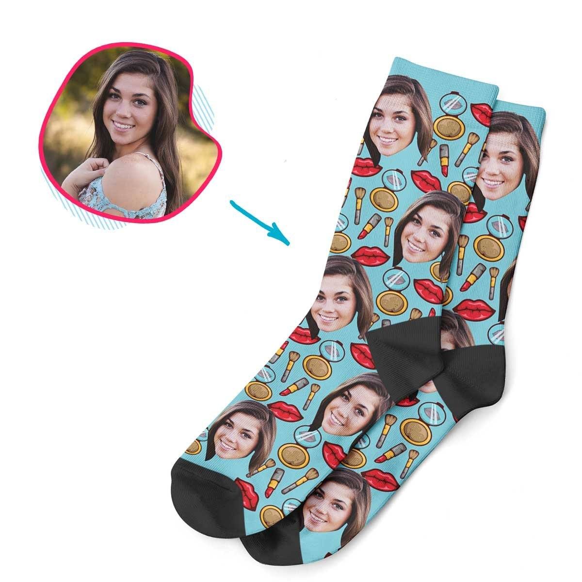 Blue Makeup personalized socks with photo of face printed on them