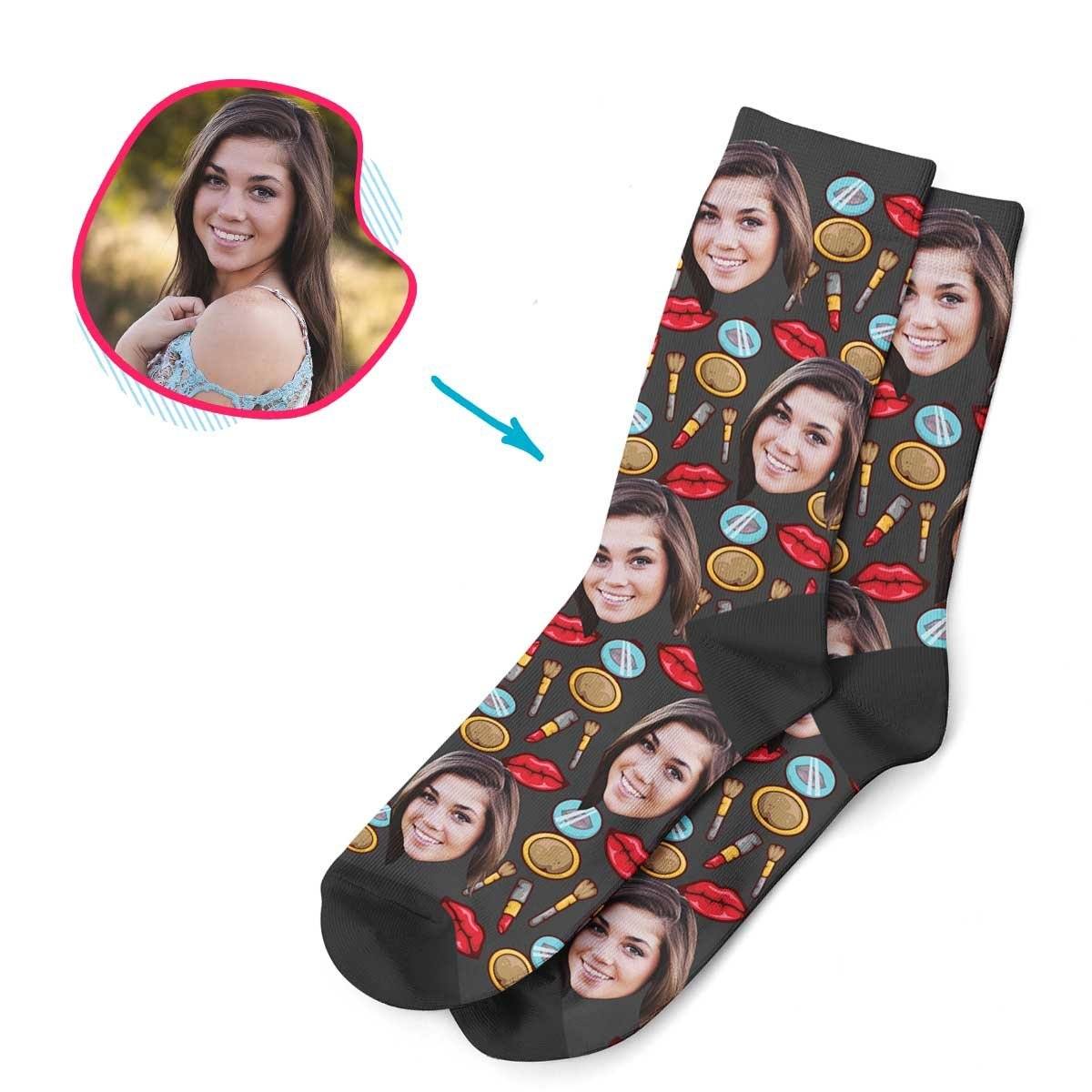 Dark Makeup personalized socks with photo of face printed on them