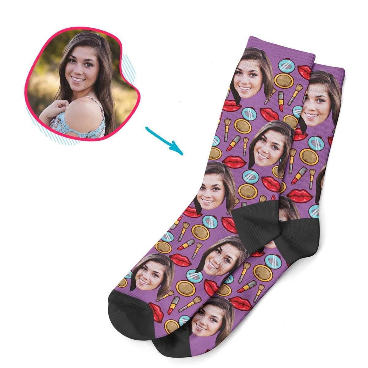 Purple Makeup personalized socks with photo of face printed on them