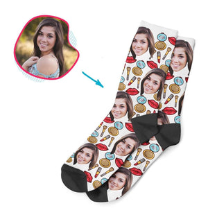 White Makeup personalized socks with photo of face printed on them