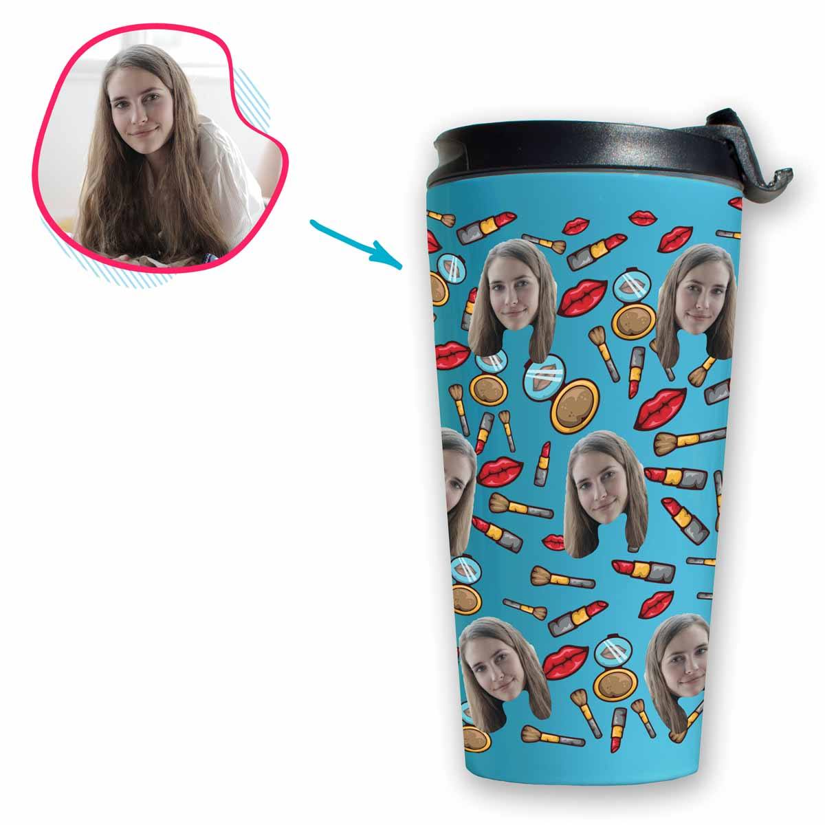 Blue Makeup personalized travel mug with photo of face printed on it