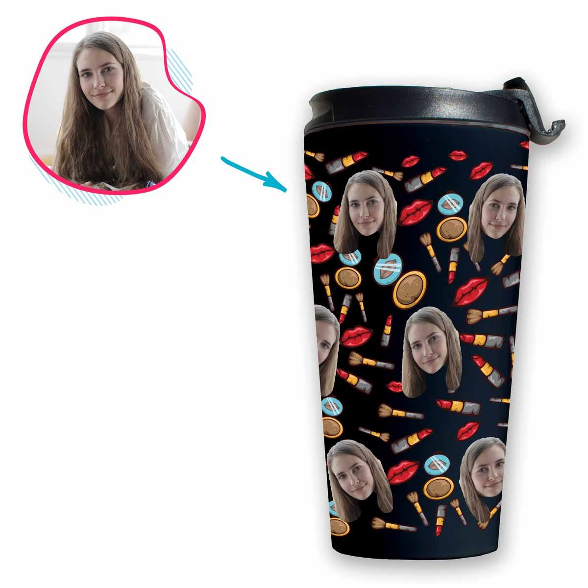 Dark Makeup personalized travel mug with photo of face printed on it