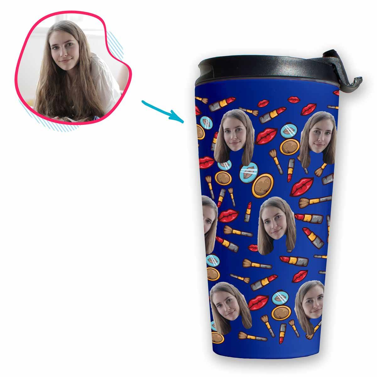 Darkblue Makeup personalized travel mug with photo of face printed on it