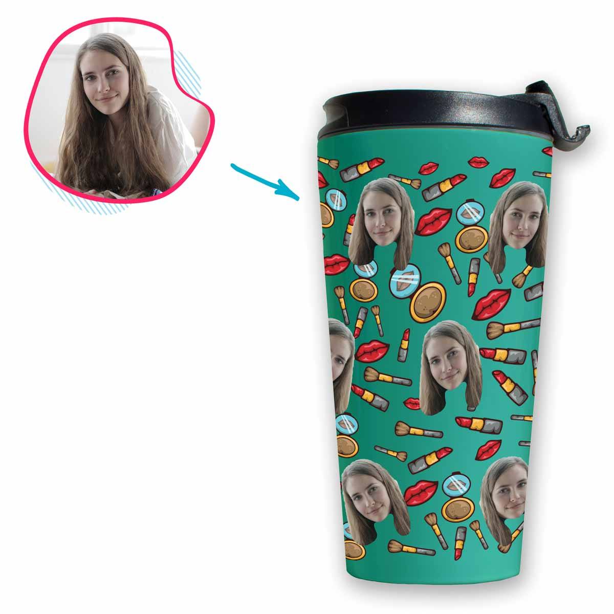 Mint Makeup personalized travel mug with photo of face printed on it