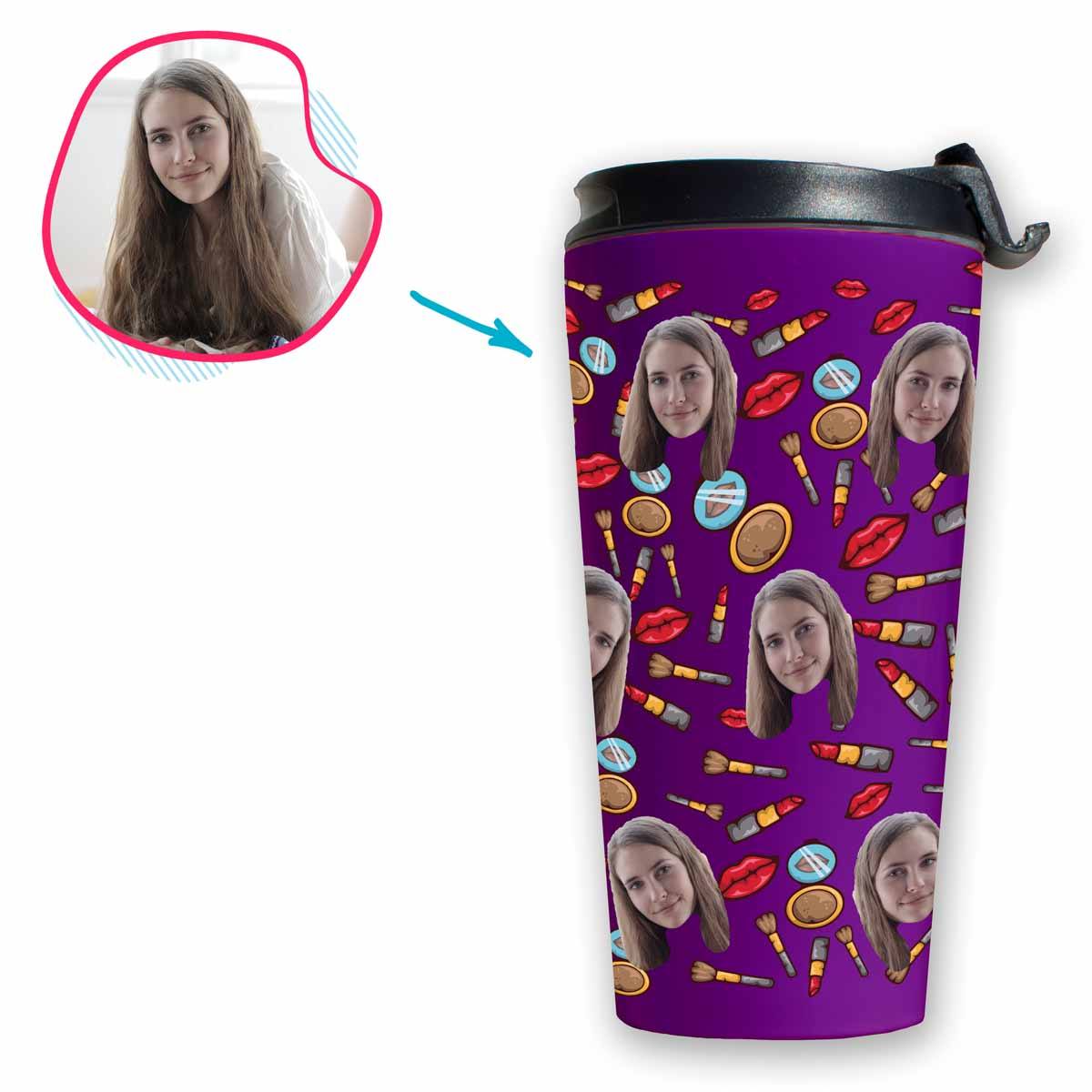 Purple Makeup personalized travel mug with photo of face printed on it