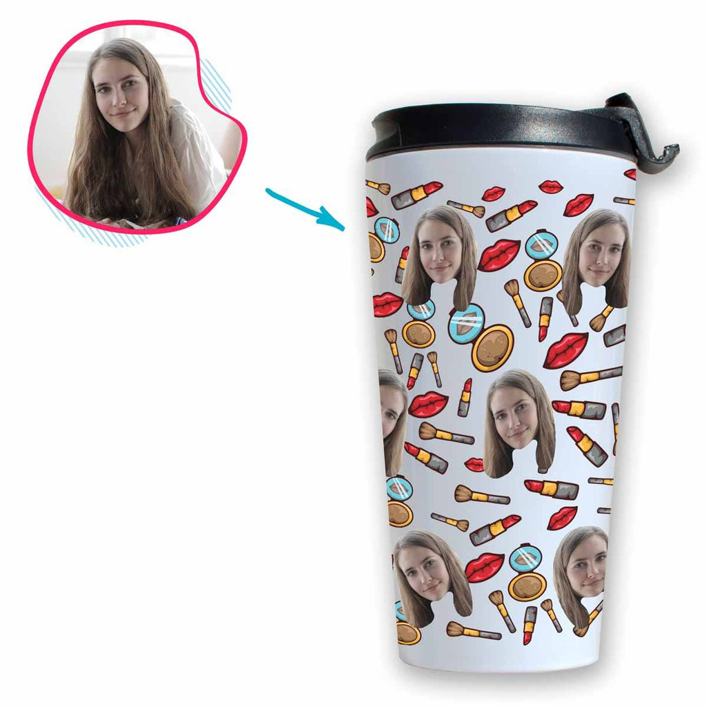 White Makeup personalized travel mug with photo of face printed on it