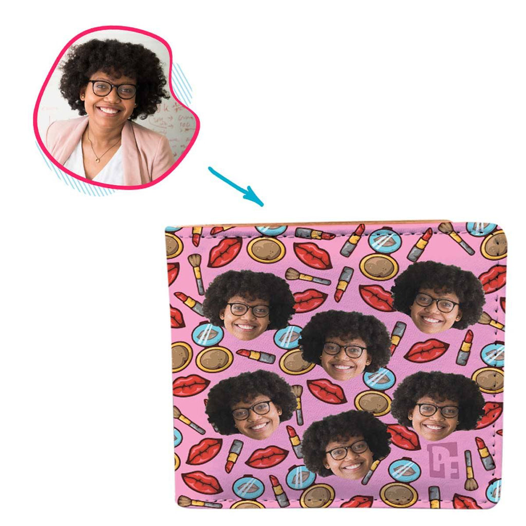 Pink Makeup personalized wallet with photo of face printed on it