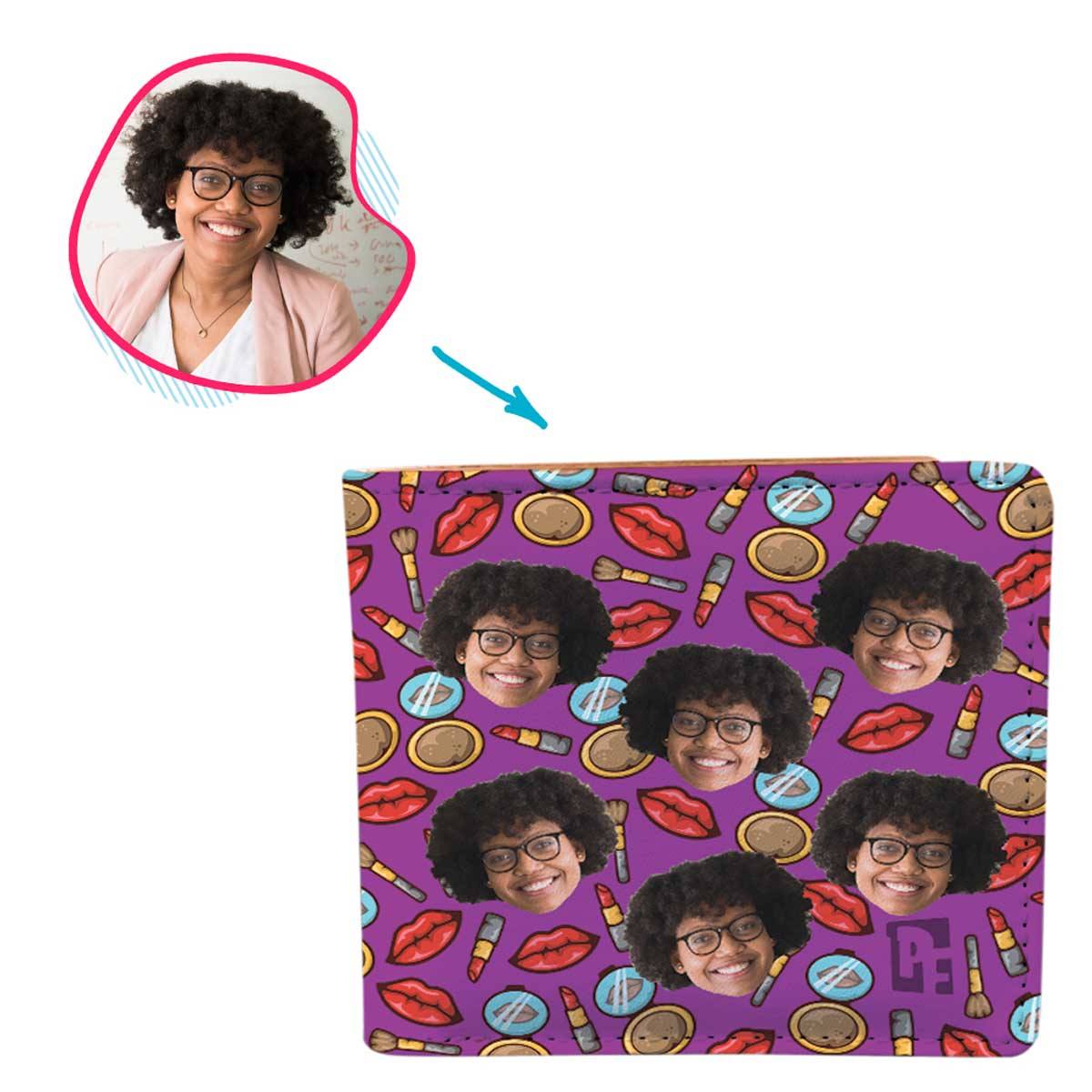 Purple Makeup personalized wallet with photo of face printed on it