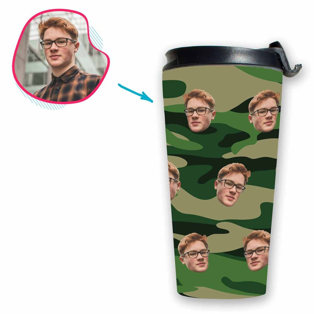 military Military travel mug personalized with photo of face printed on it