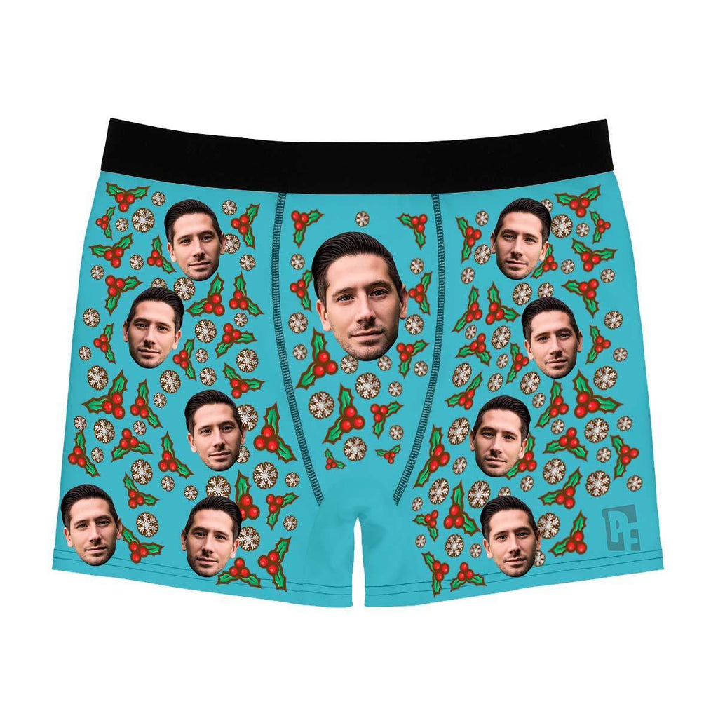 Blue Mistletoe men's boxer briefs personalized with photo printed on them