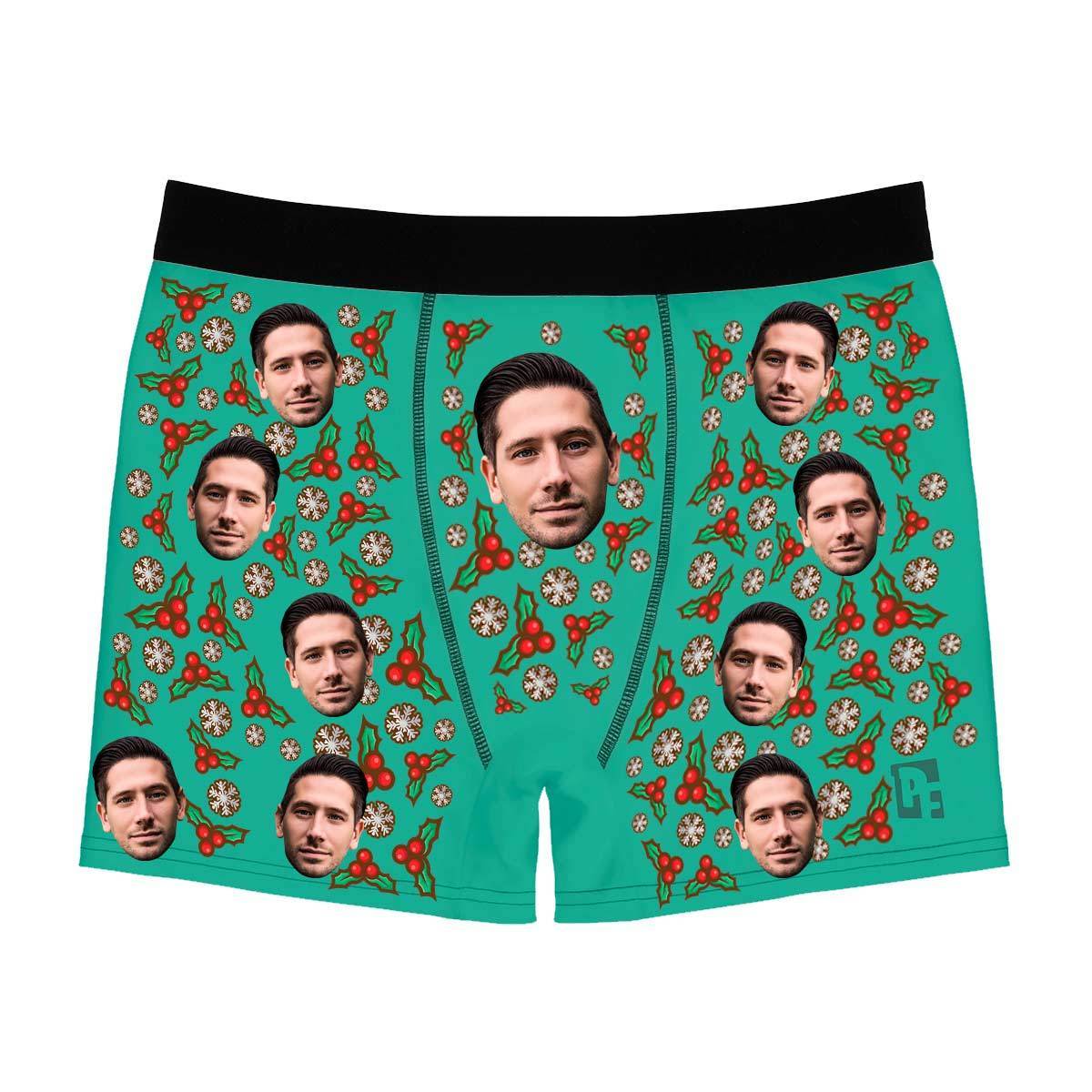 Mint Mistletoe men's boxer briefs personalized with photo printed on them