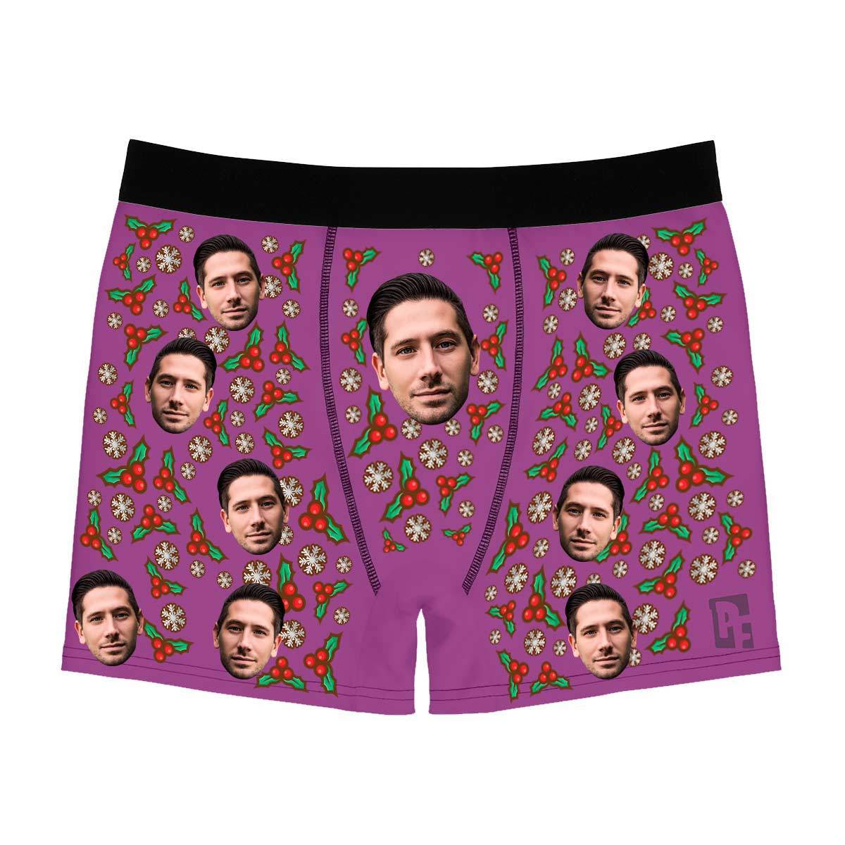Purple Mistletoe men's boxer briefs personalized with photo printed on them