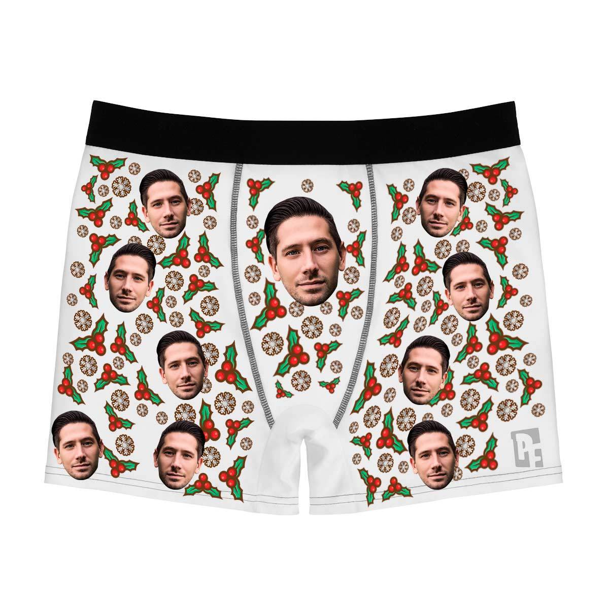 White Mistletoe men's boxer briefs personalized with photo printed on them