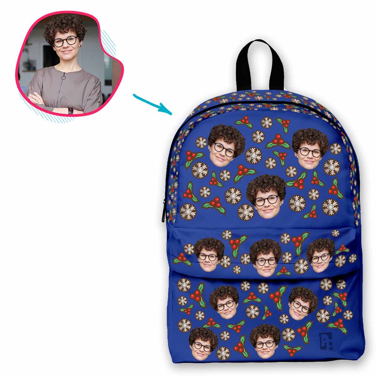 darkblue Mistletoe classic backpack personalized with photo of face printed on it