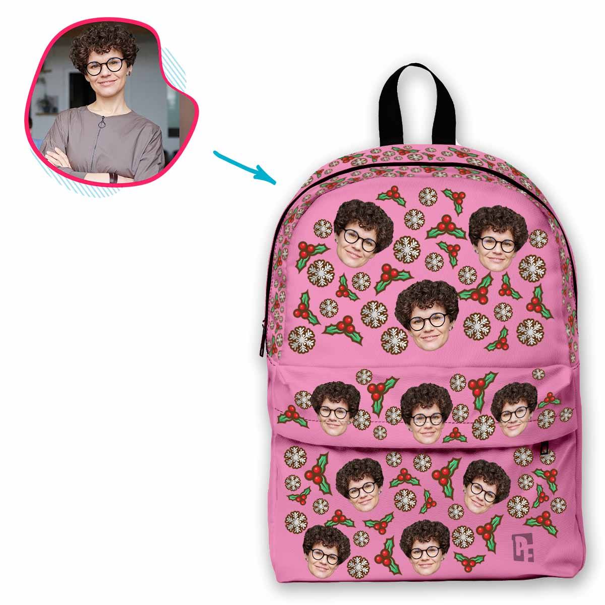pink Mistletoe classic backpack personalized with photo of face printed on it