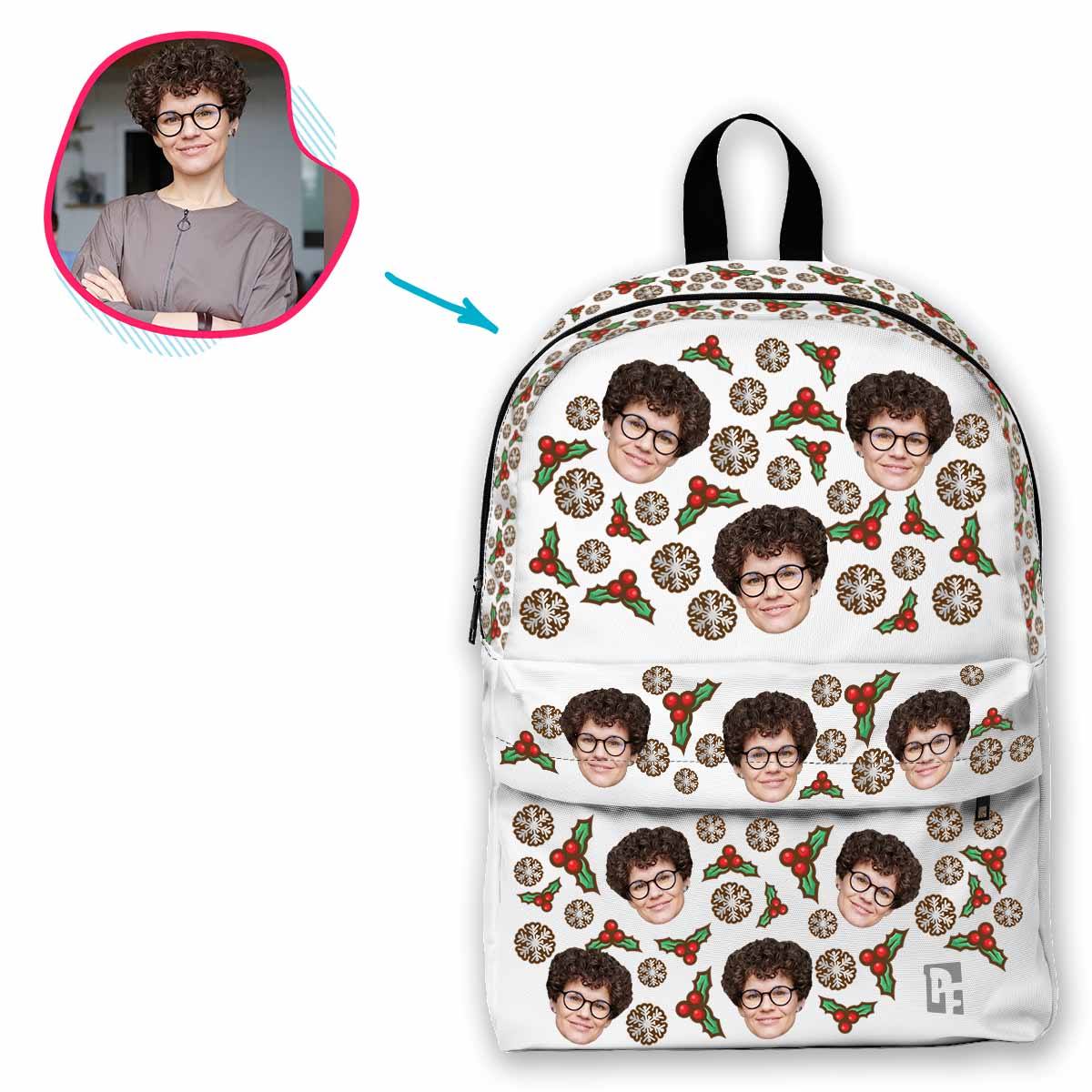 white Mistletoe classic backpack personalized with photo of face printed on it
