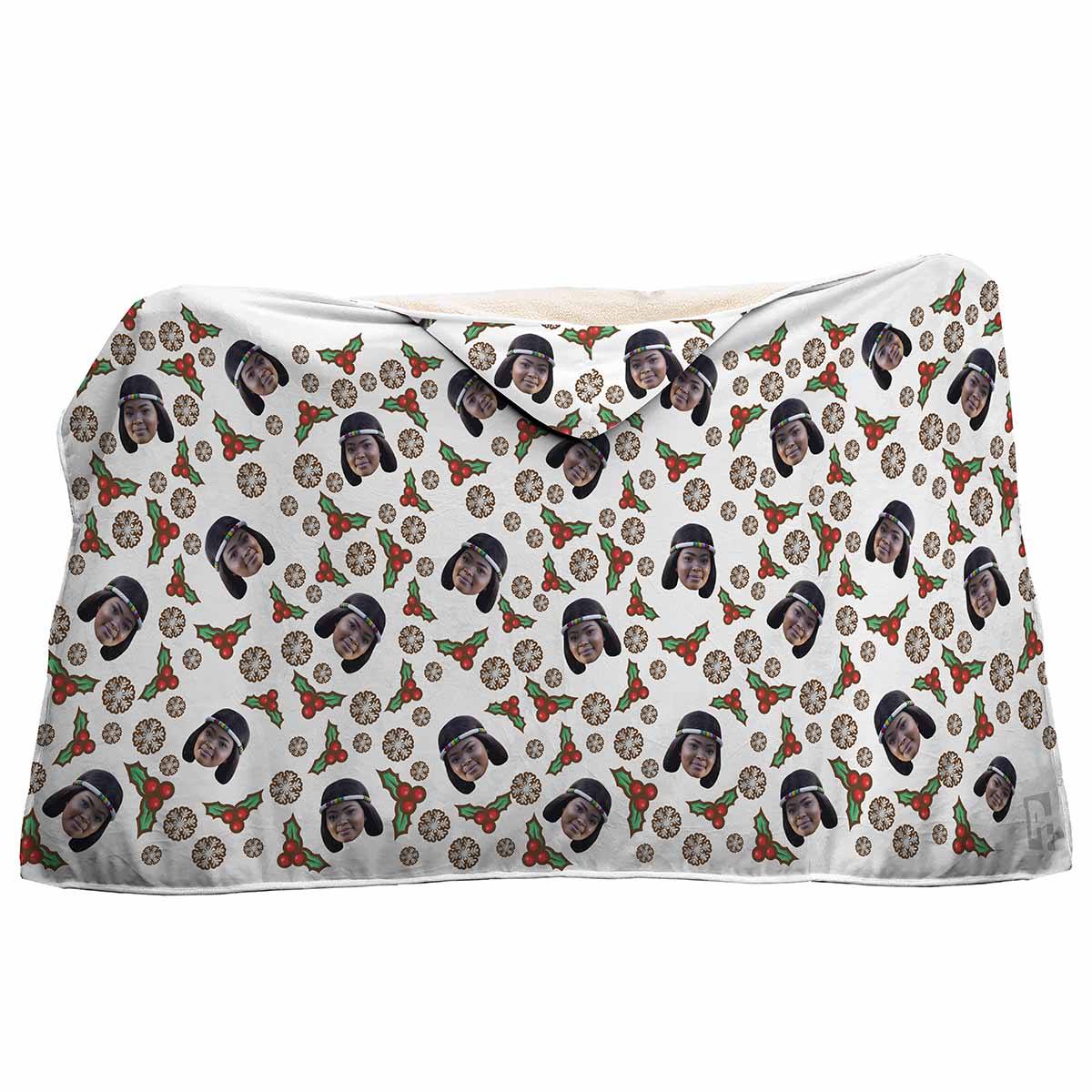 white Mistletoe hooded blanket personalized with photo of face printed on it