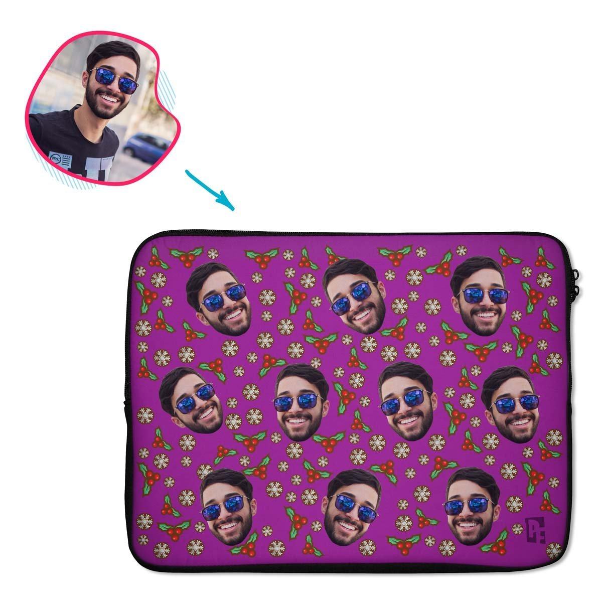 purple Mistletoe laptop sleeve personalized with photo of face printed on them