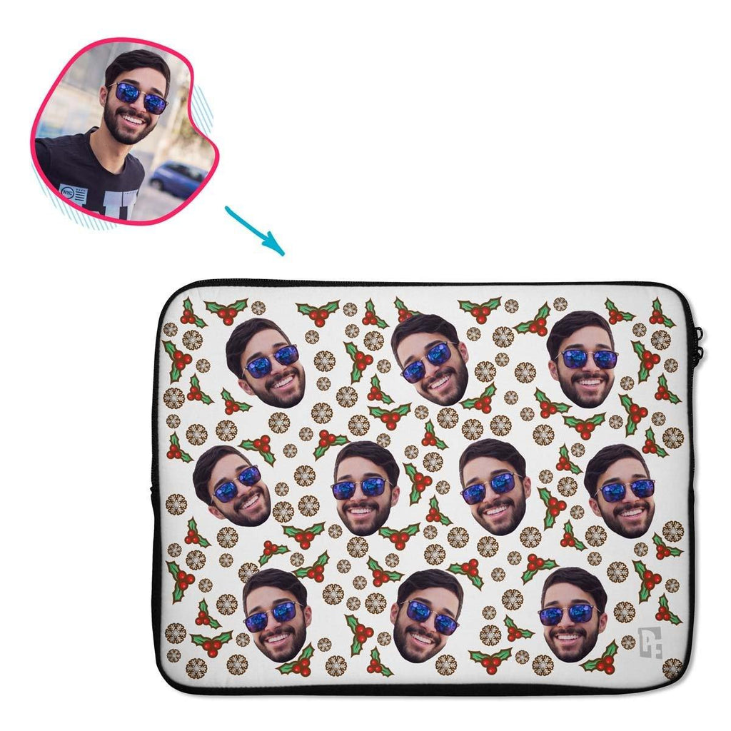 white Mistletoe laptop sleeve personalized with photo of face printed on them