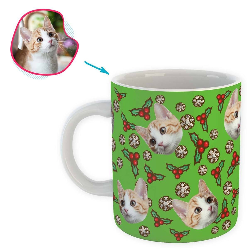 green Mistletoe mug personalized with photo of face printed on it