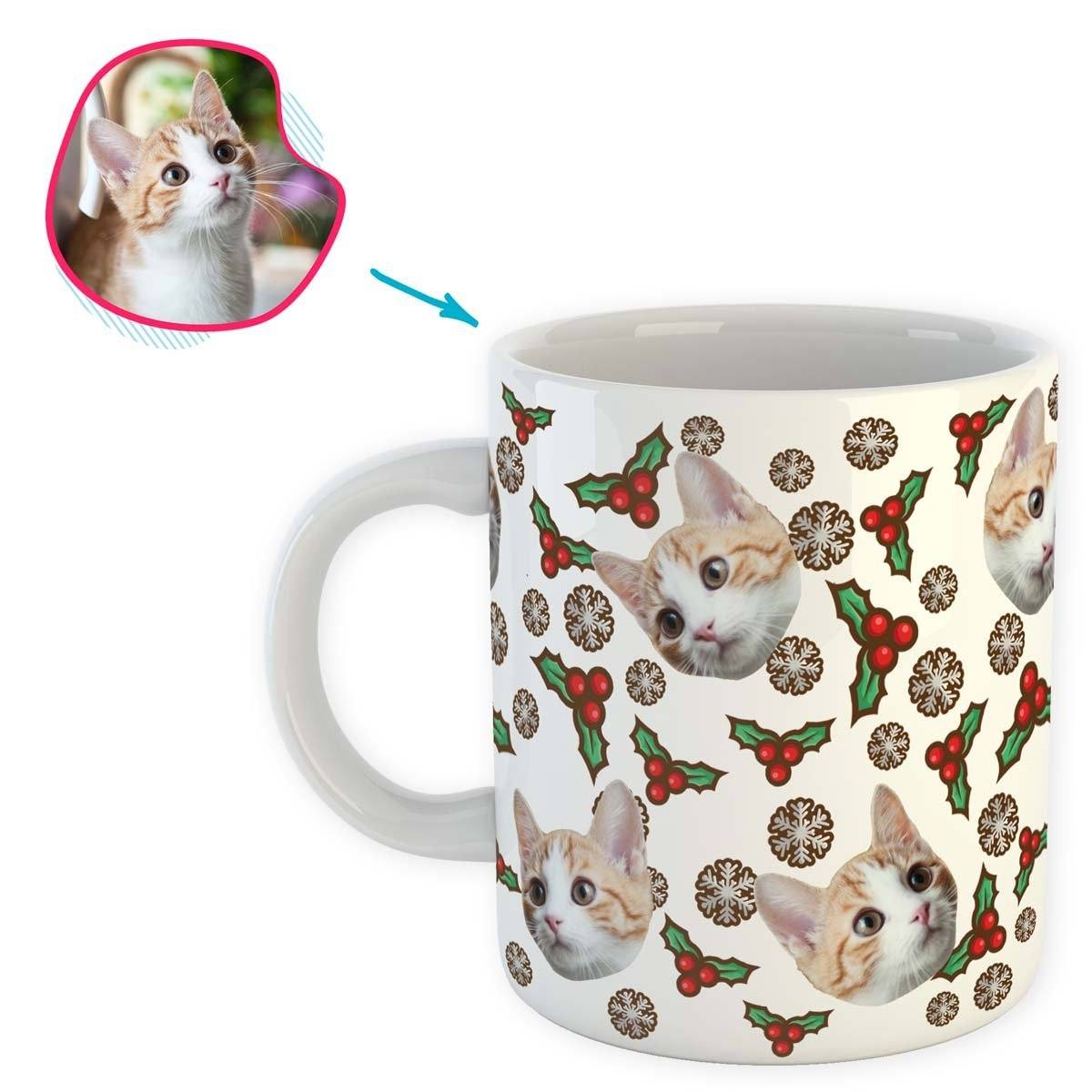 white Mistletoe mug personalized with photo of face printed on it