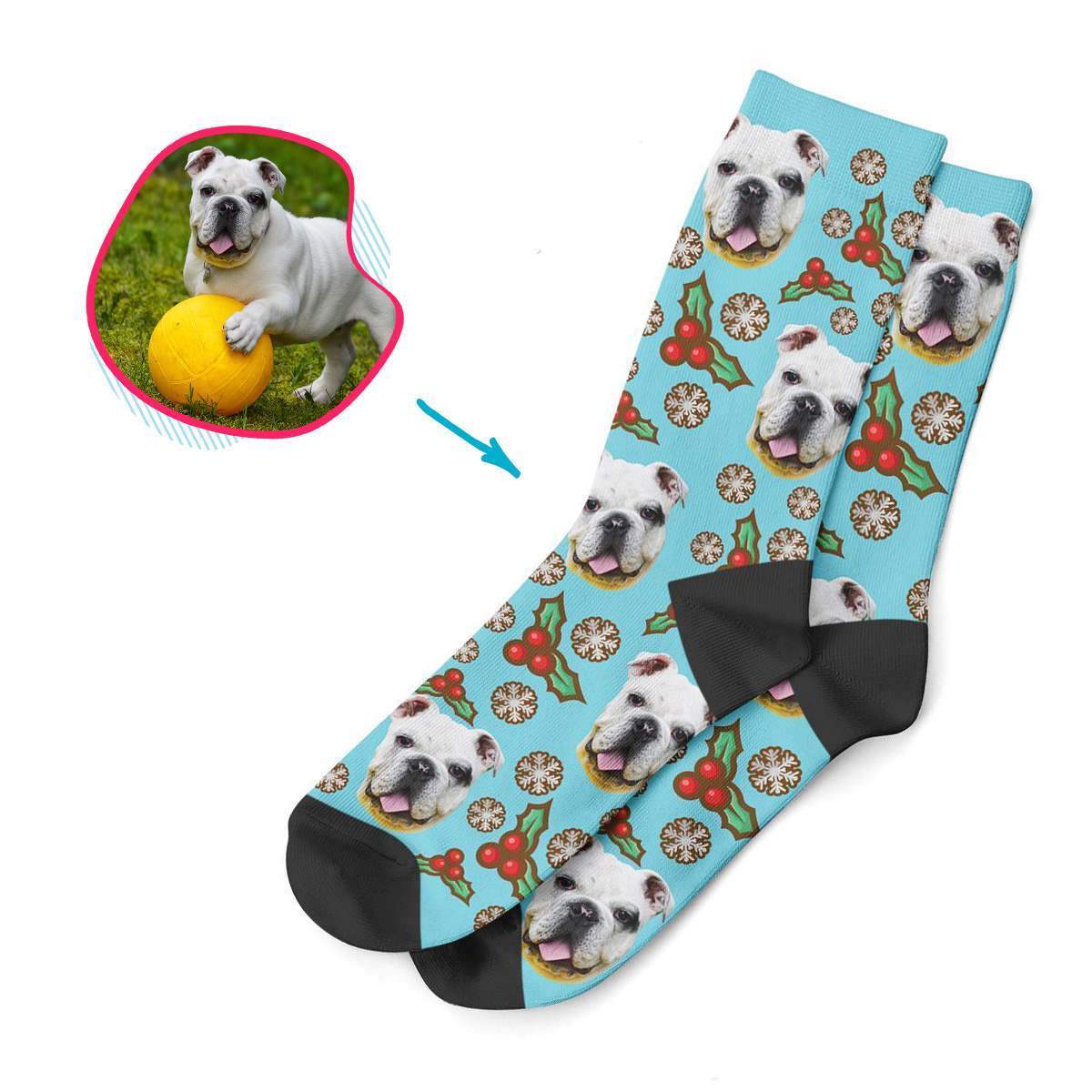 blue Mistletoe socks personalized with photo of face printed on them