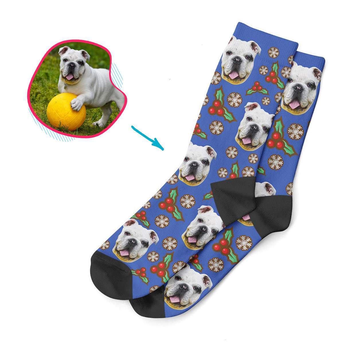 darkblue Mistletoe socks personalized with photo of face printed on them