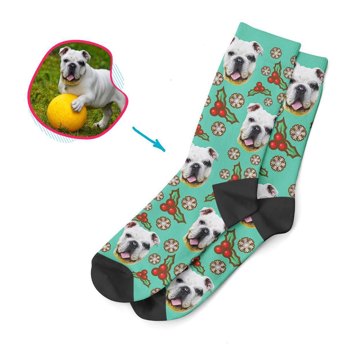 mint Mistletoe socks personalized with photo of face printed on them