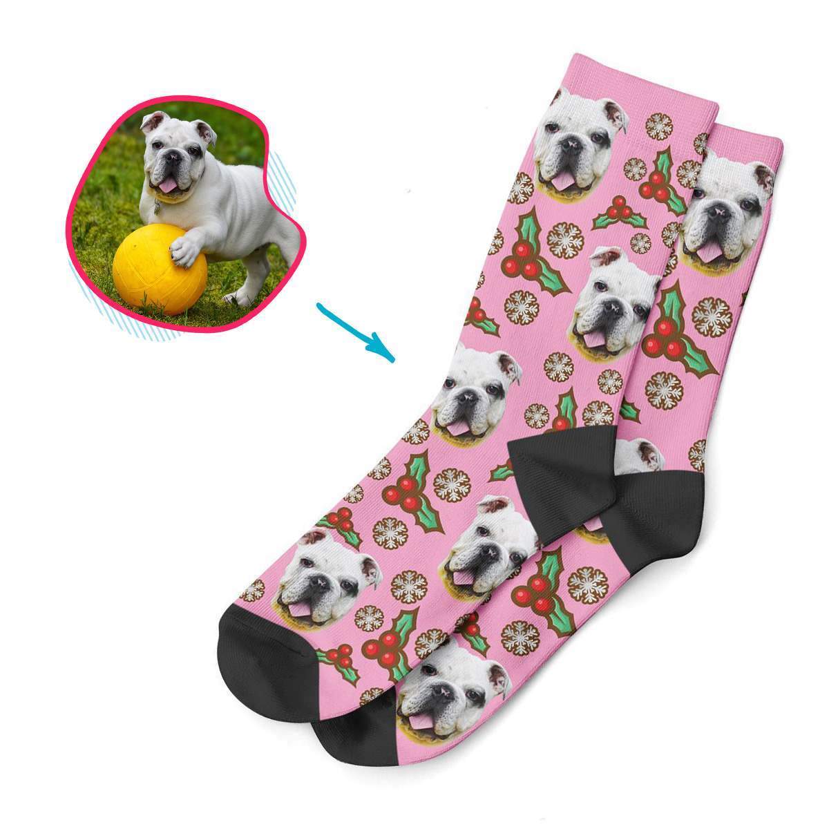 pink Mistletoe socks personalized with photo of face printed on them