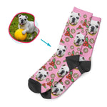 Load image into Gallery viewer, pink Mistletoe socks personalized with photo of face printed on them
