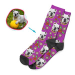 Load image into Gallery viewer, purple Mistletoe socks personalized with photo of face printed on them
