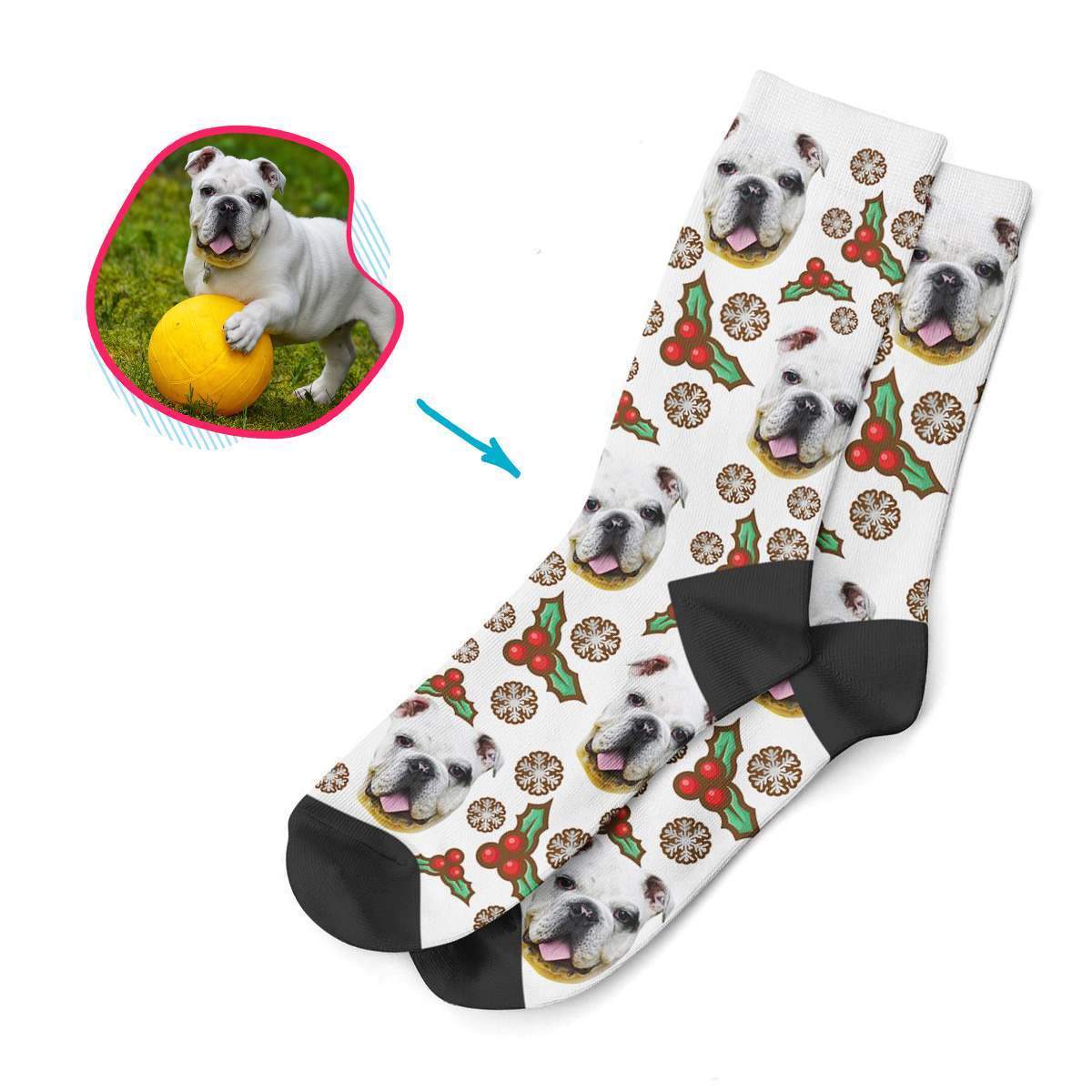white Mistletoe socks personalized with photo of face printed on them