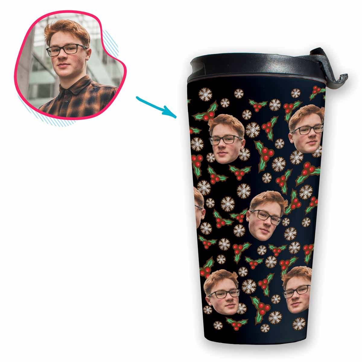 dark Mistletoe travel mug personalized with photo of face printed on it