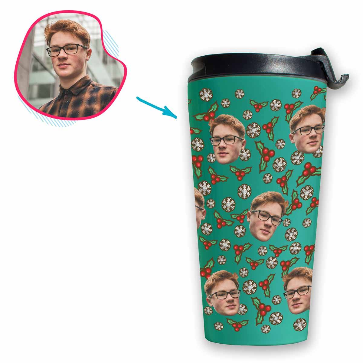 mint Mistletoe travel mug personalized with photo of face printed on it