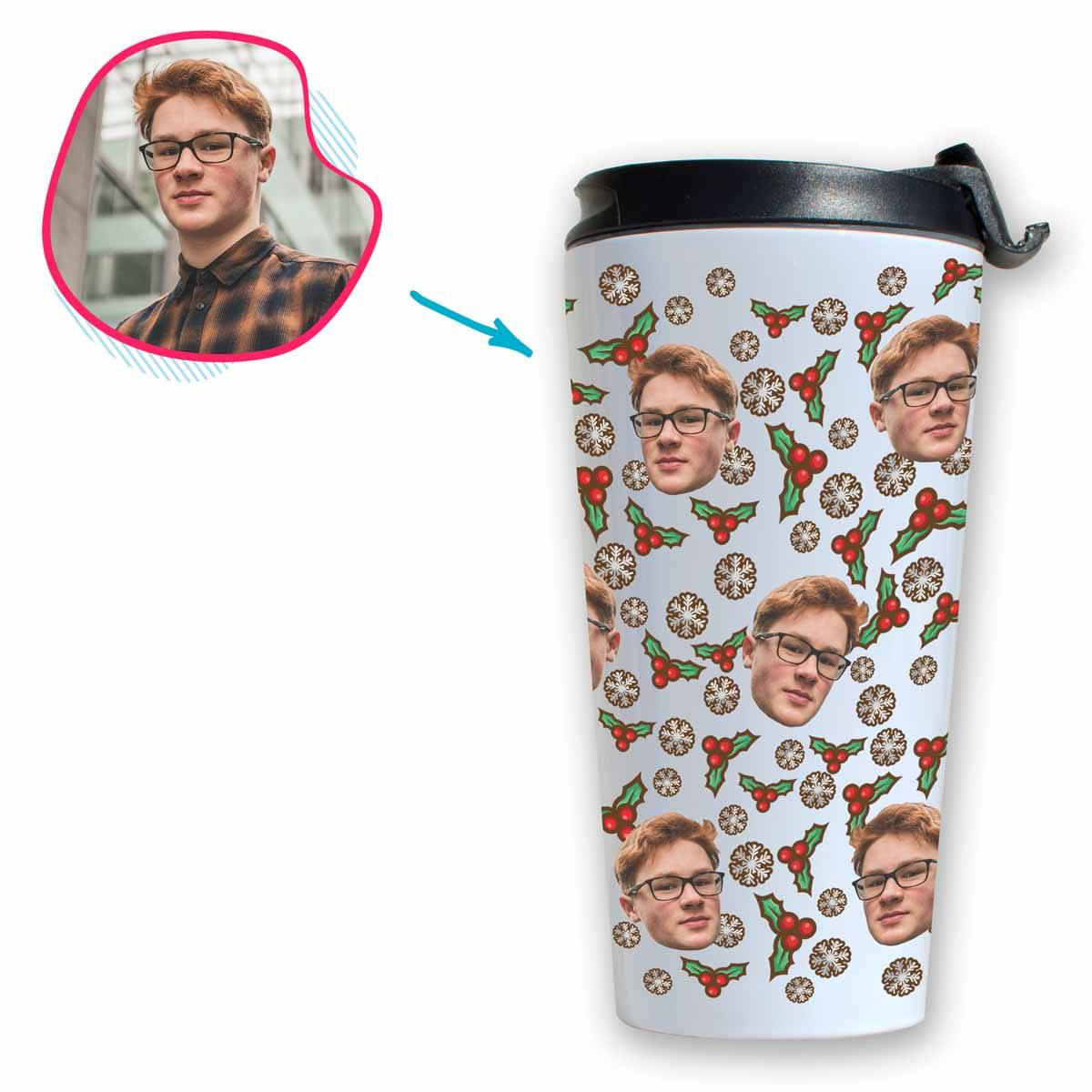 white Mistletoe travel mug personalized with photo of face printed on it
