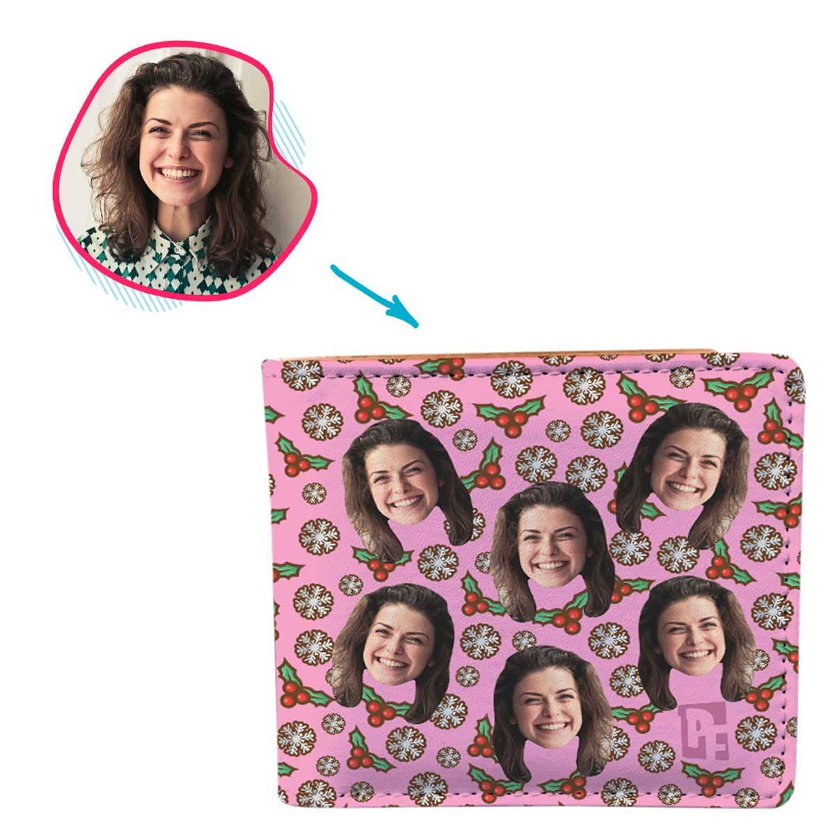 pink Mistletoe wallet personalized with photo of face printed on it