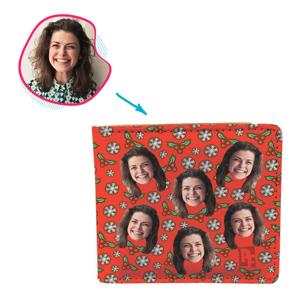 red Mistletoe wallet personalized with photo of face printed on it