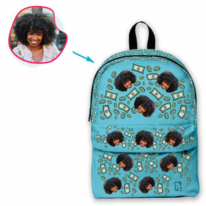blue Money classic backpack personalized with photo of face printed on it
