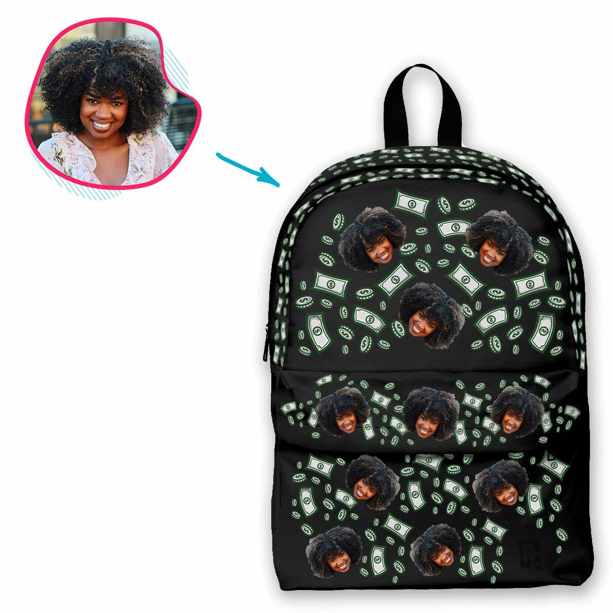 dark Money classic backpack personalized with photo of face printed on it