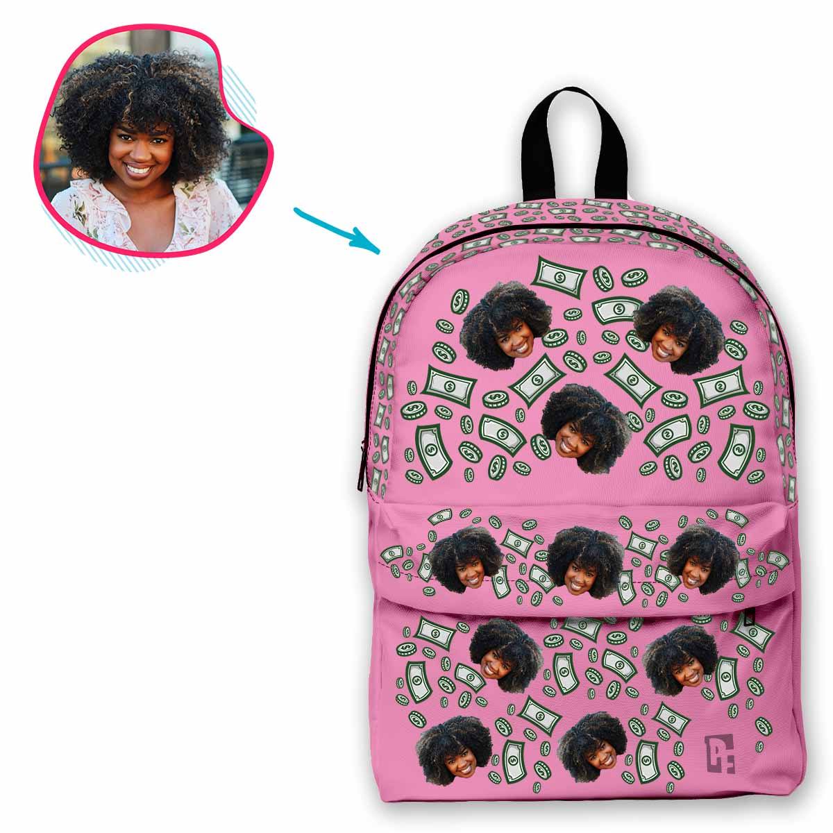 pink Money classic backpack personalized with photo of face printed on it