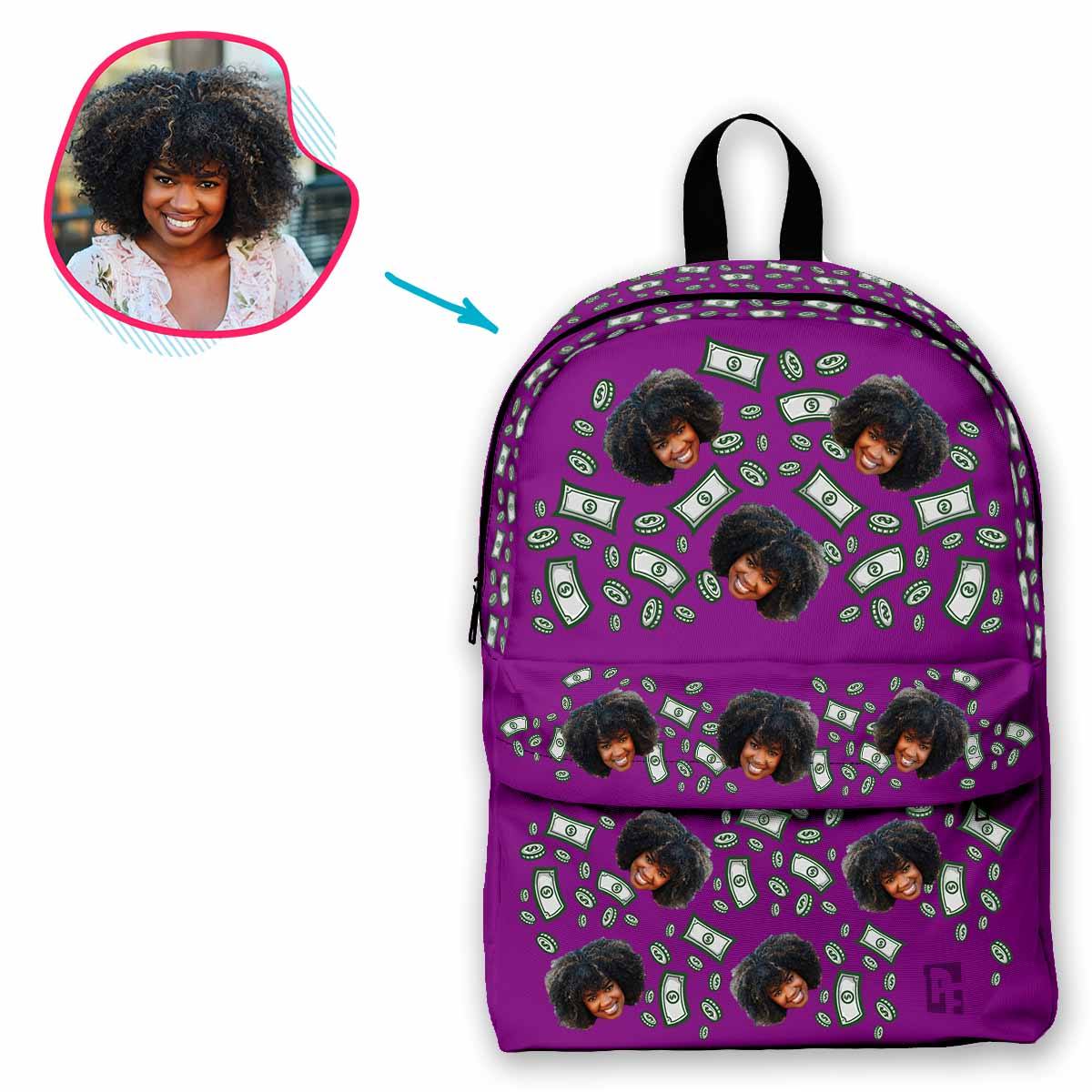 purple Money classic backpack personalized with photo of face printed on it