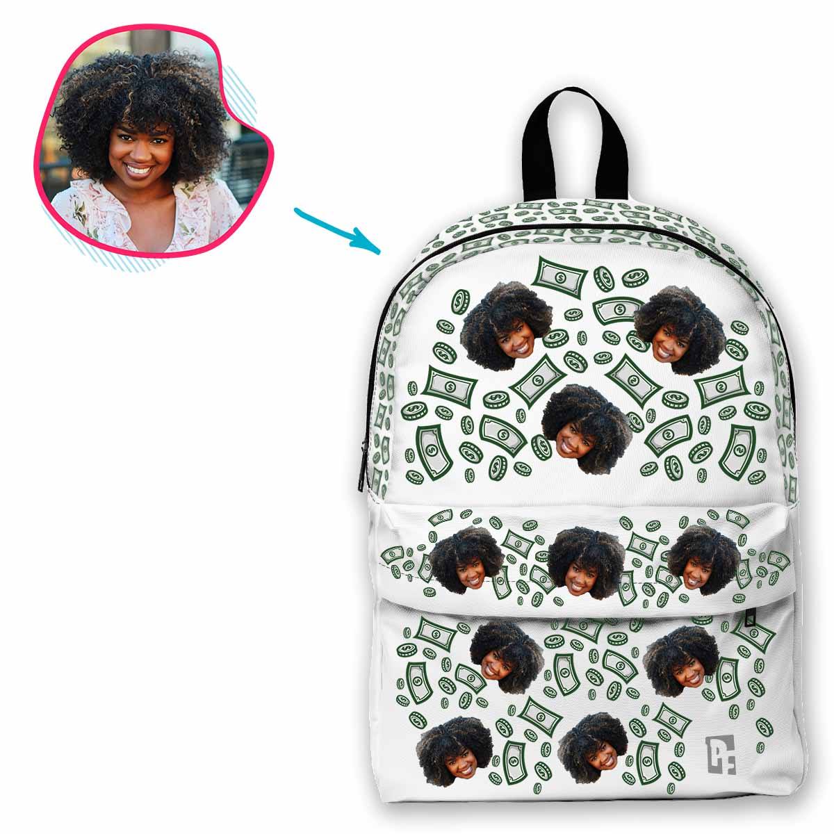 white Money classic backpack personalized with photo of face printed on it