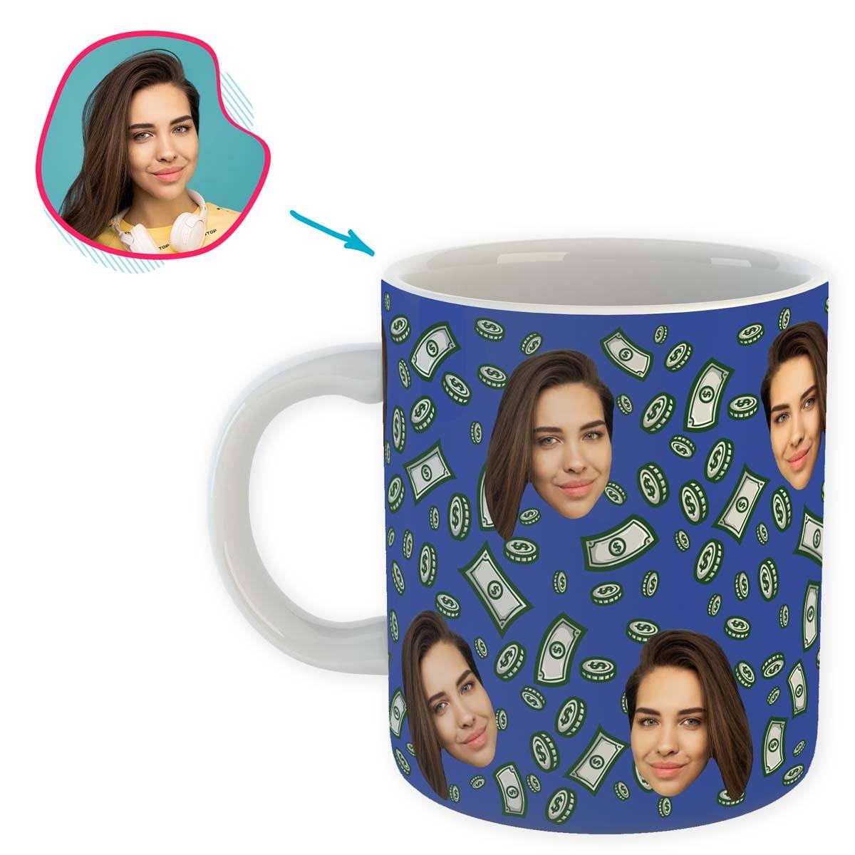 darkblue Money mug personalized with photo of face printed on it
