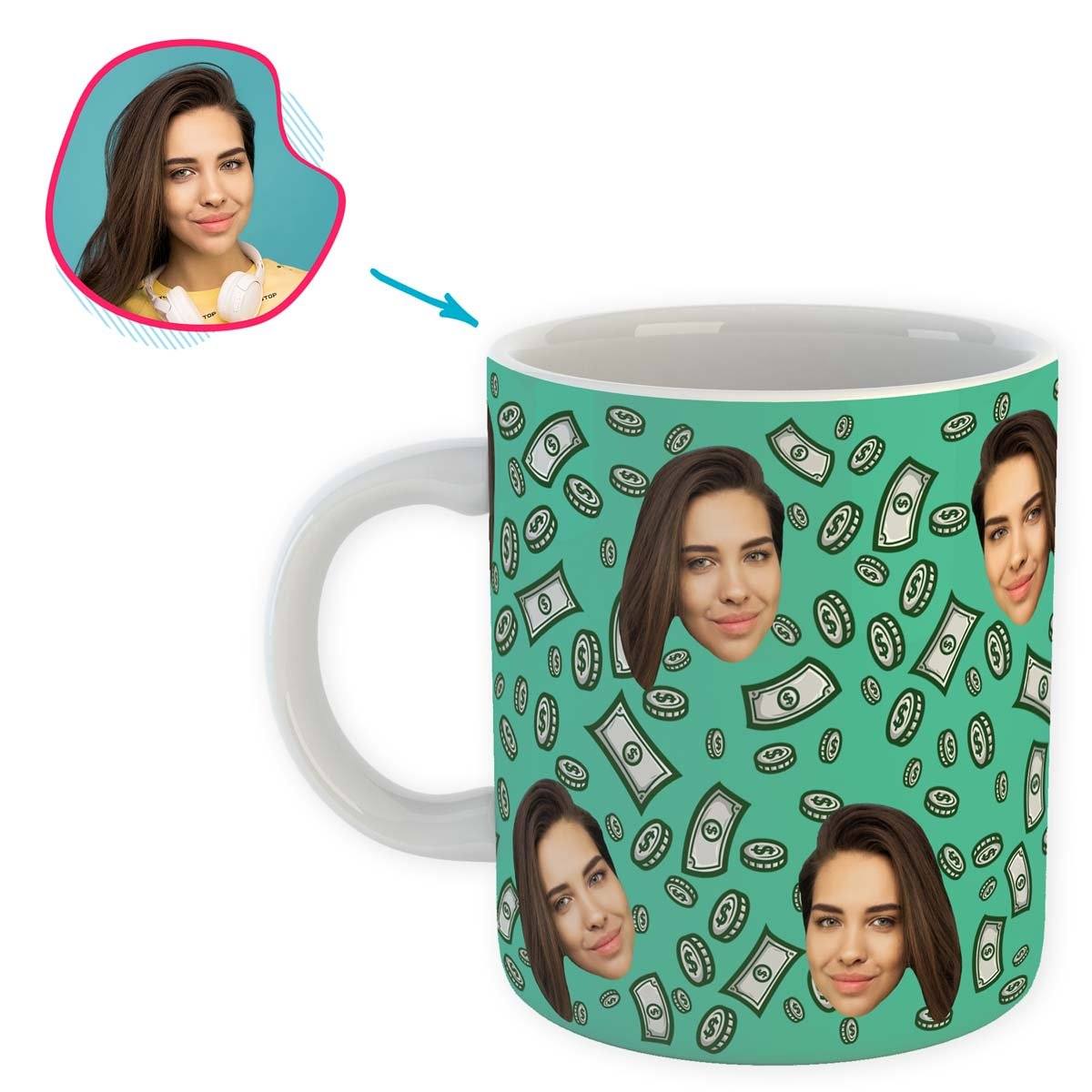 mint Money mug personalized with photo of face printed on it