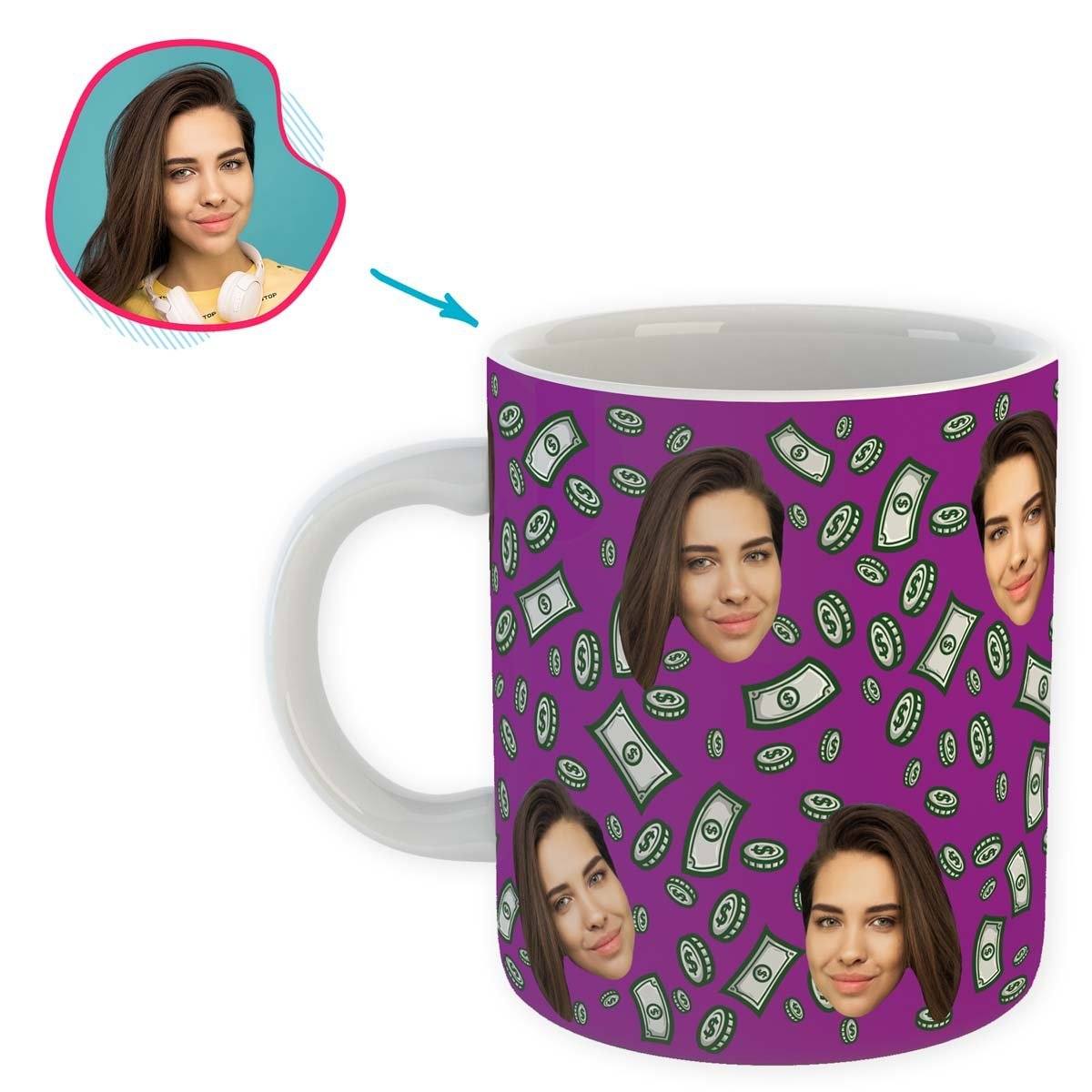 purple Money mug personalized with photo of face printed on it