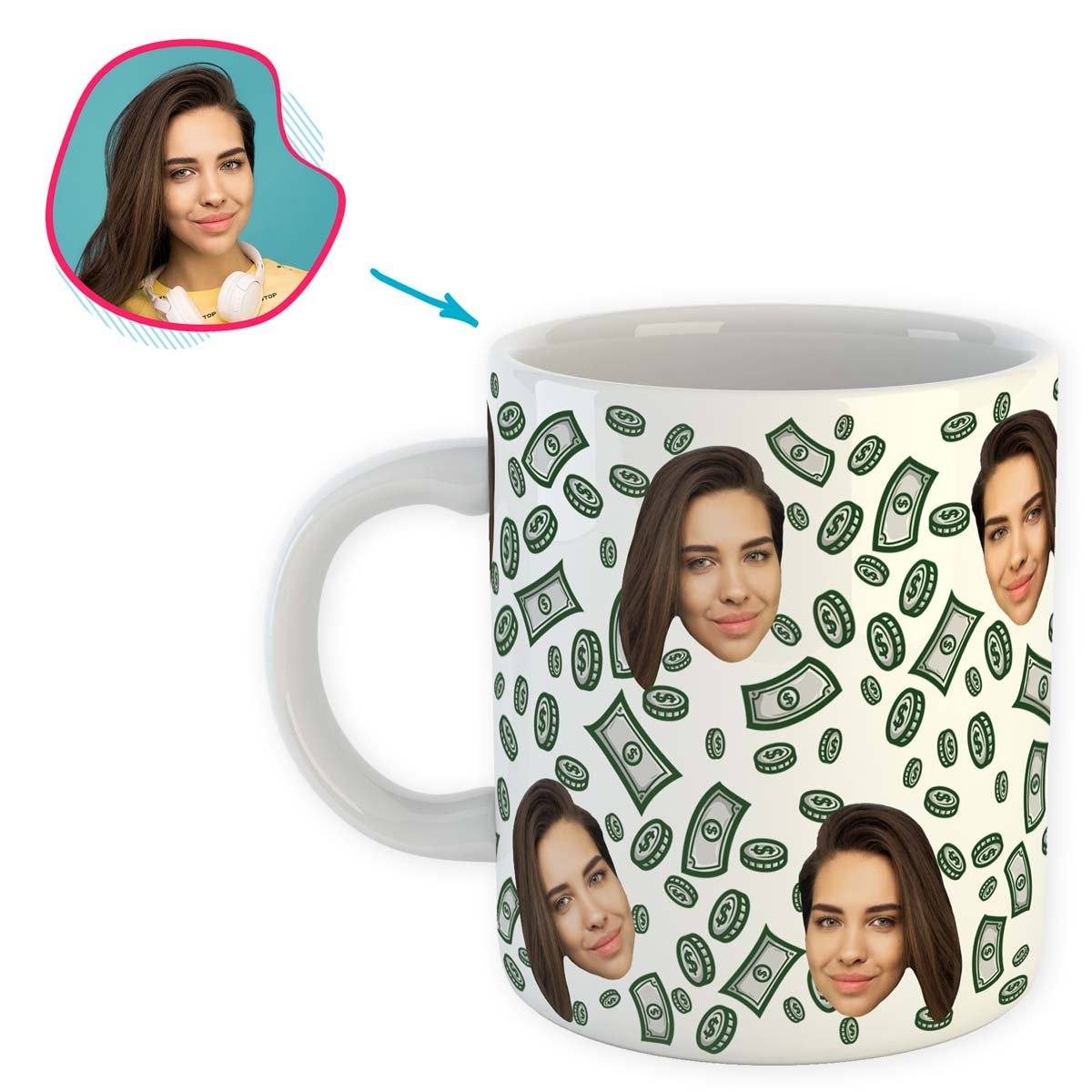 white Money mug personalized with photo of face printed on it