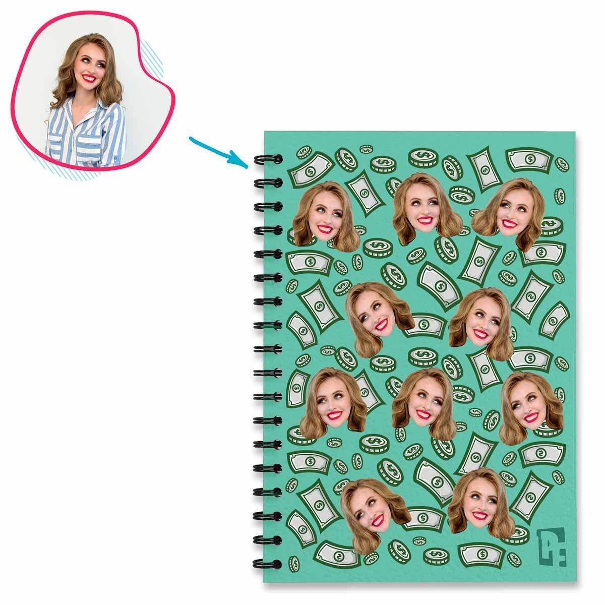 mint Money Notebook personalized with photo of face printed on them