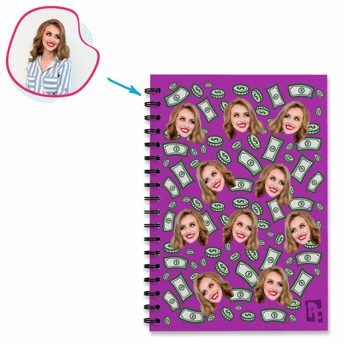 purple Money Notebook personalized with photo of face printed on them