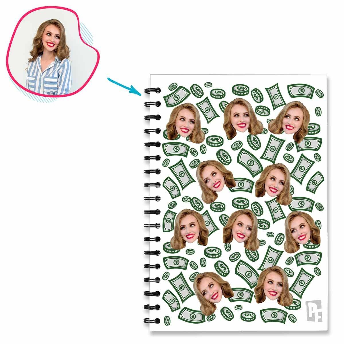 white Money Notebook personalized with photo of face printed on them